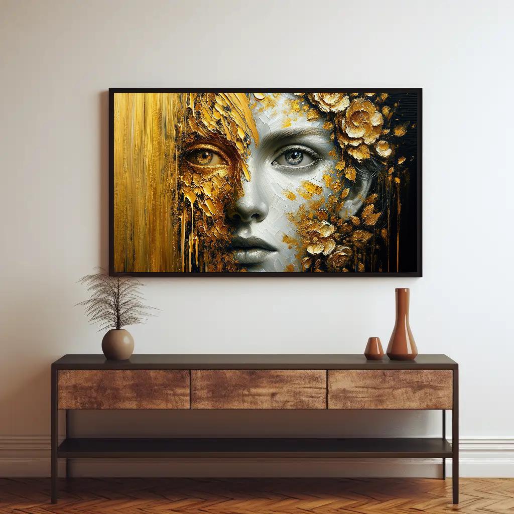 Golden Glimpse: A Portrait of Mystery and Splendor Framed Canvas Luxurious Home Decor, Hall Way Print, Rich Room Wall Art, Golden Print Wall Art – Canvas Print