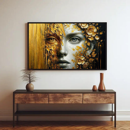 Golden Glimpse: A Portrait of Mystery and Splendor Framed Canvas Luxurious Home Decor, Hall Way Print, Rich Room Wall Art, Golden Print Wall Art – Canvas Print