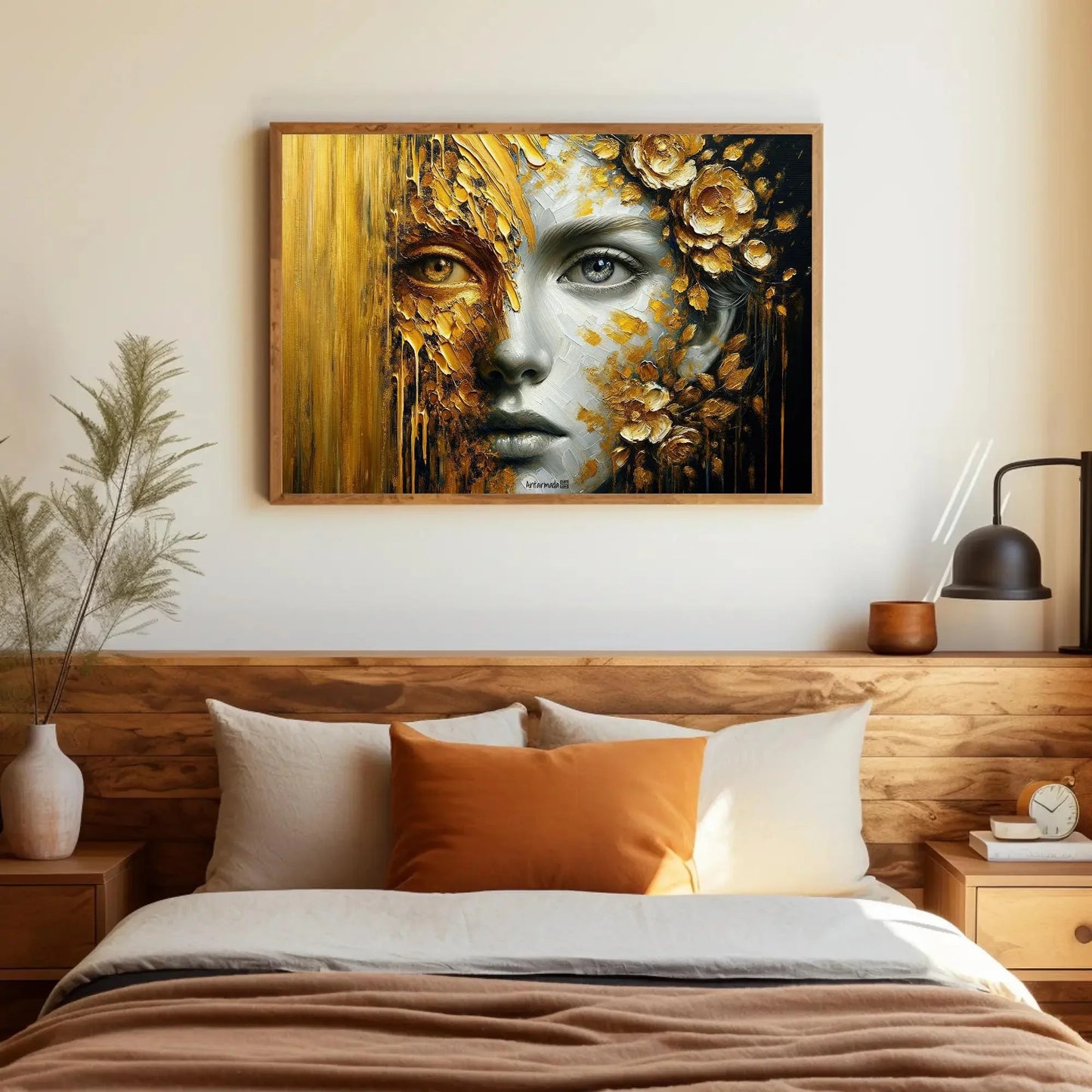 Golden Glimpse: A Portrait of Mystery and Splendor Framed Canvas Luxurious Home Decor, Hall Way Print, Rich Room Wall Art, Golden Print Wall Art – Canvas Print