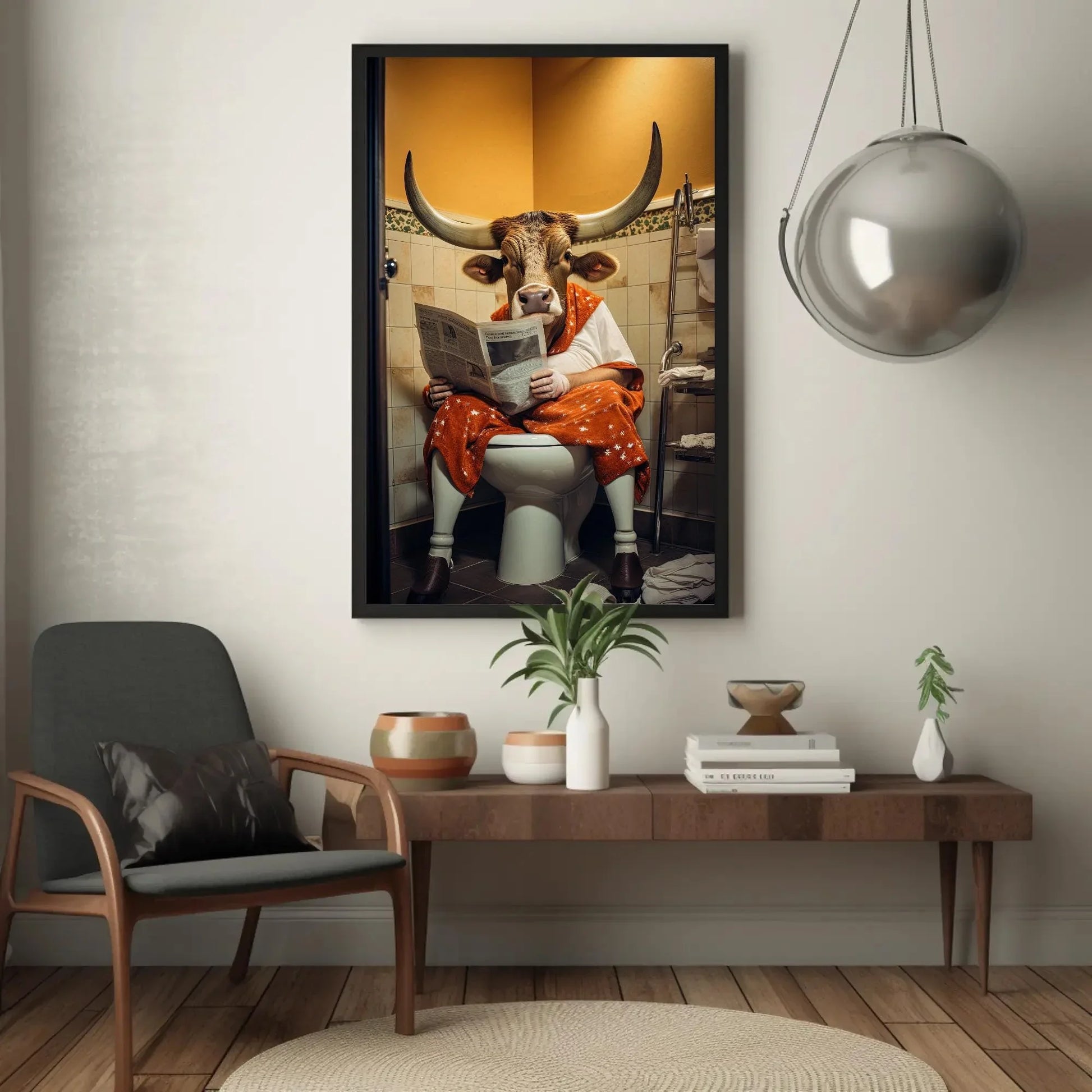 Texas Long Horn Cow Reading Newspaper On The Toilet Funny Bathroom Wall Art Gift Canvas Painting Framed Print Toilet Humor Gift For Him Wall Art – Canvas Print