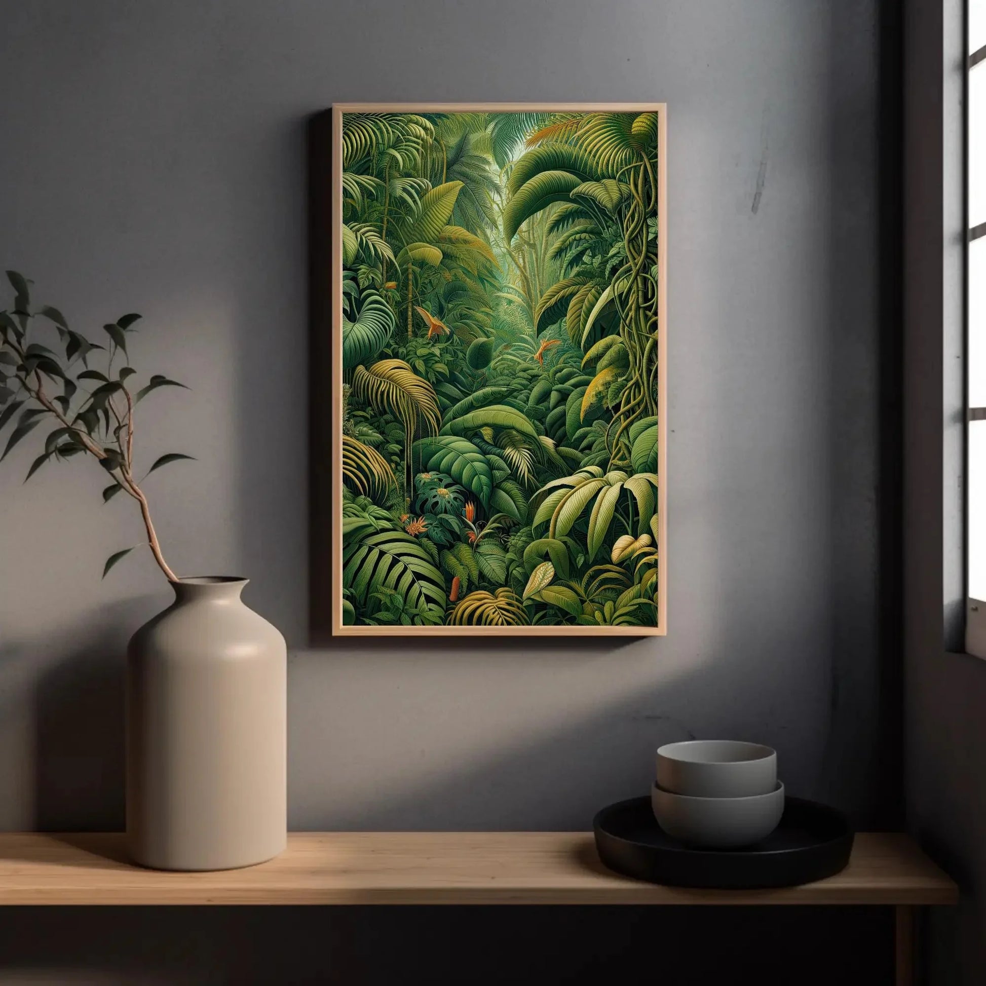 Henri Rousseau Tropical Jungle Oil Painting Floral Wall Art Framed Canvas Print Tropical Decor Green Forest Ready To Hang Wall Art – Canvas Print