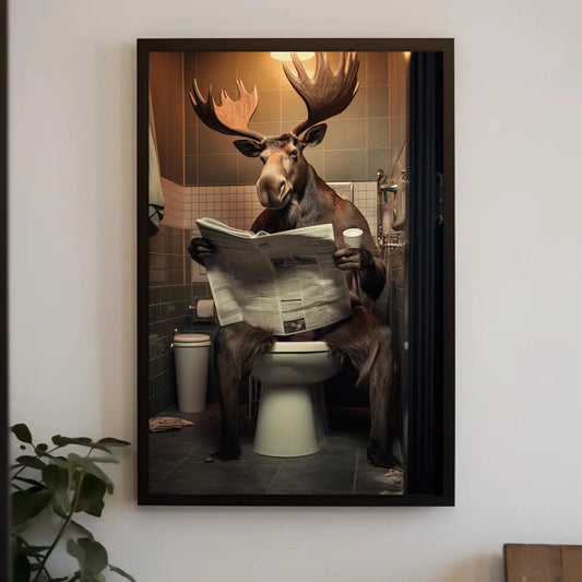 Wild Moose Reading Newspaper On The Toilet Funny Bathroom Art Animal Lovers Gift Canvas Painting Framed Print Toilet Humor Art Wall Art – Canvas Print