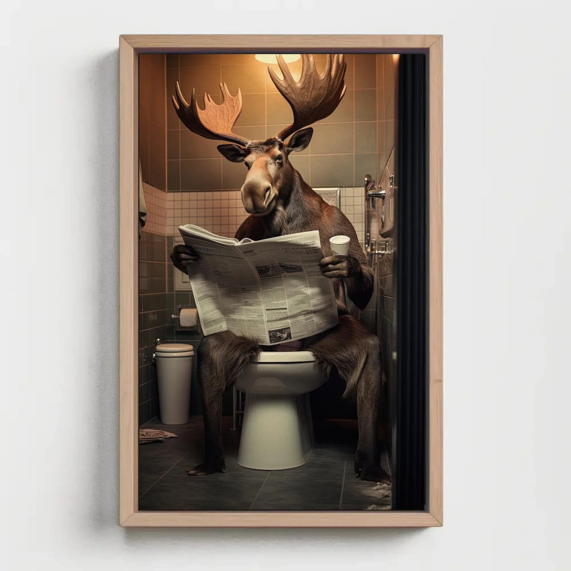 Wild Moose Reading Newspaper On The Toilet Funny Bathroom Art Animal Lovers Gift Canvas Painting Framed Print Toilet Humor Art Wall Art – Canvas Print