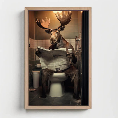 Wild Moose Reading Newspaper On The Toilet Funny Bathroom Art Animal Lovers Gift Canvas Painting Framed Print Toilet Humor Art Wall Art – Canvas Print