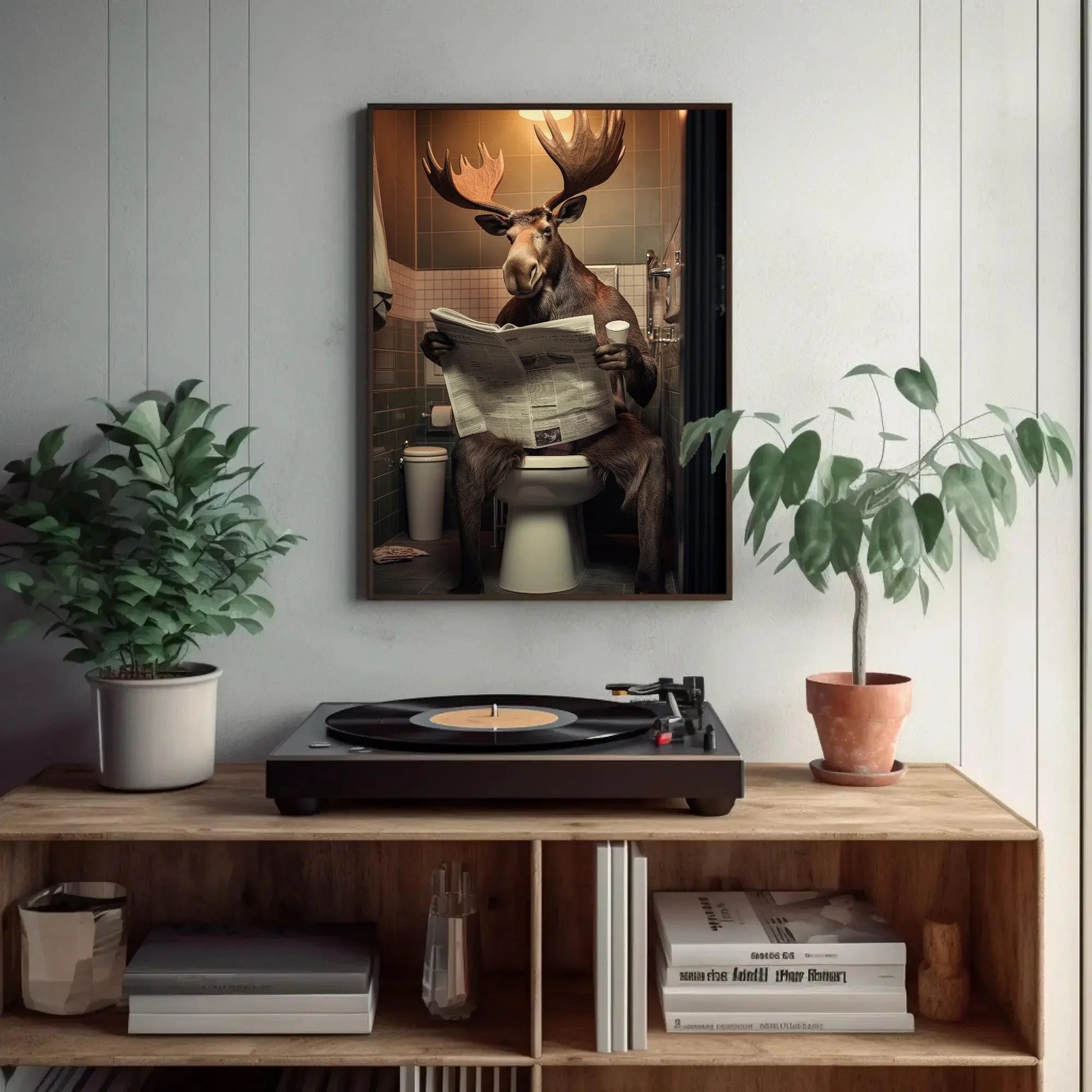 Wild Moose Reading Newspaper On The Toilet Funny Bathroom Art Animal Lovers Gift Canvas Painting Framed Print Toilet Humor Art Wall Art – Canvas Print