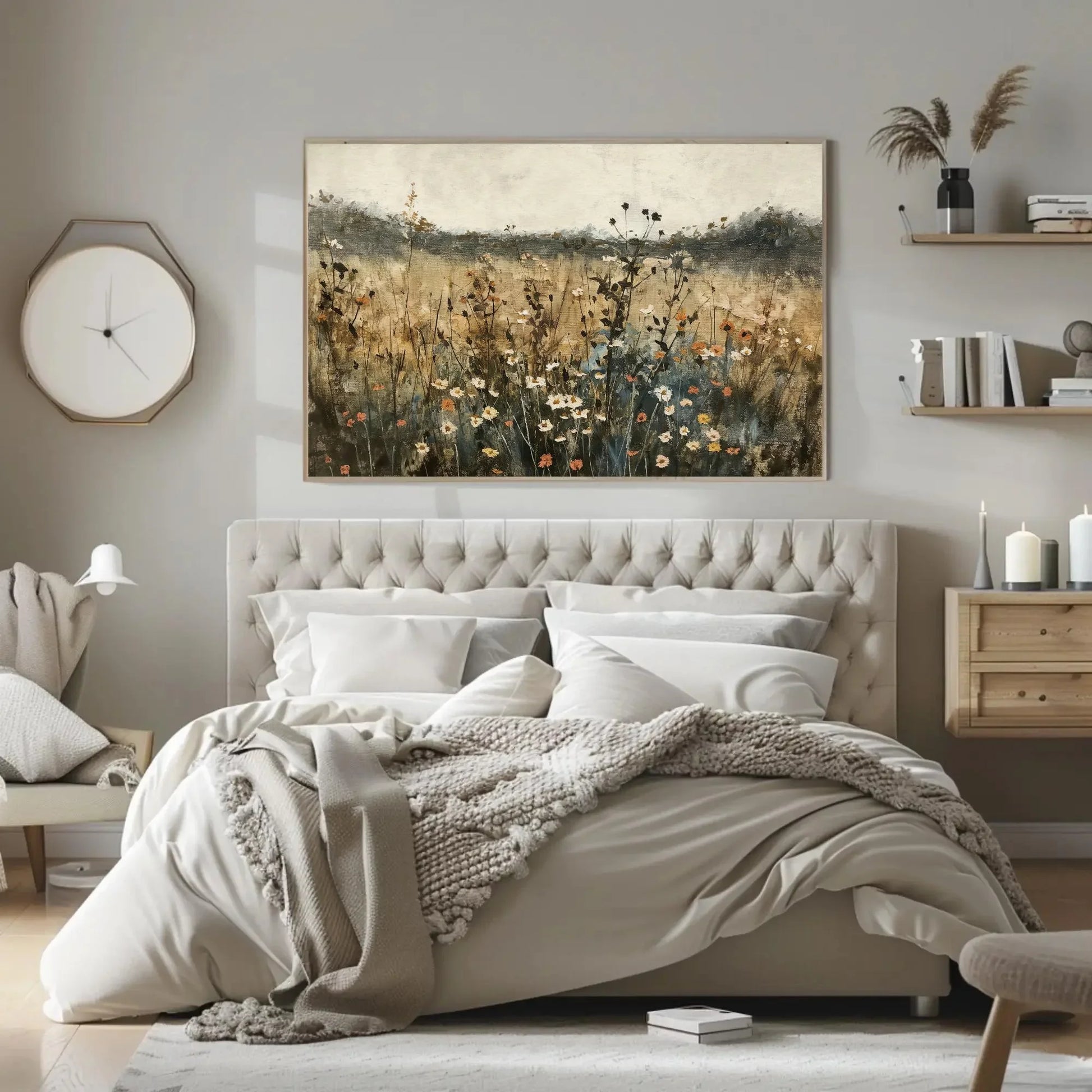 Wildflower Field Painting | Rustic Landscape Canvas Art | Neutral Farmhouse Wall Decor | Moody Botanical Print for Living Room Wall Art – Canvas Print