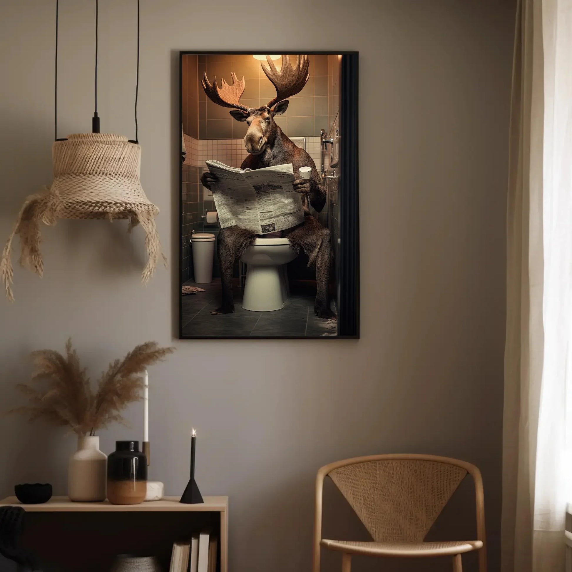 Wild Moose Reading Newspaper On The Toilet Funny Bathroom Art Animal Lovers Gift Canvas Painting Framed Print Toilet Humor Art Wall Art – Canvas Print