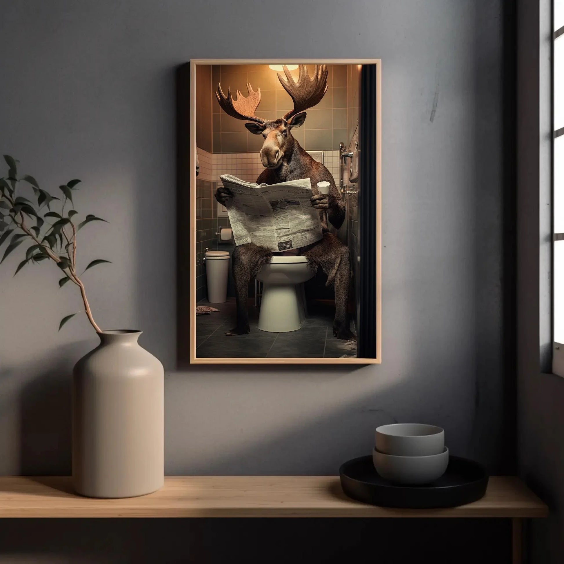Wild Moose Reading Newspaper On The Toilet Funny Bathroom Art Animal Lovers Gift Canvas Painting Framed Print Toilet Humor Art Wall Art – Canvas Print
