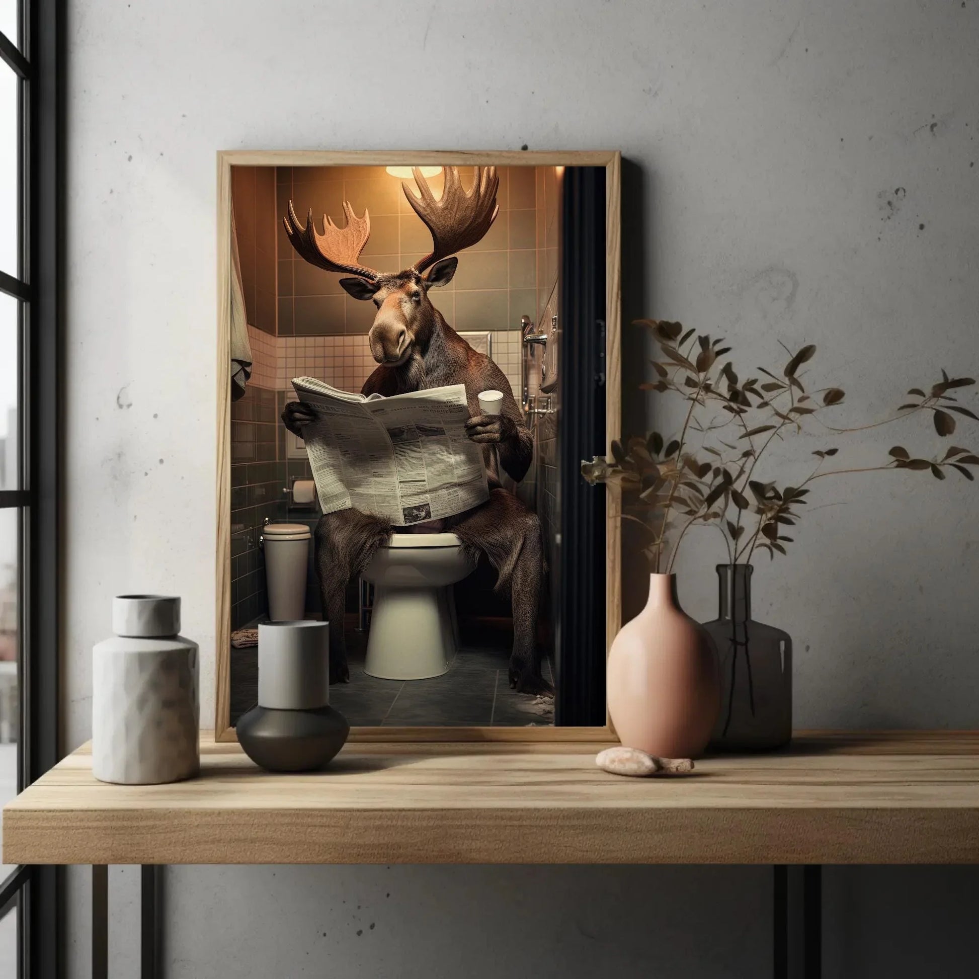 Wild Moose Reading Newspaper On The Toilet Funny Bathroom Art Animal Lovers Gift Canvas Painting Framed Print Toilet Humor Art Wall Art – Canvas Print