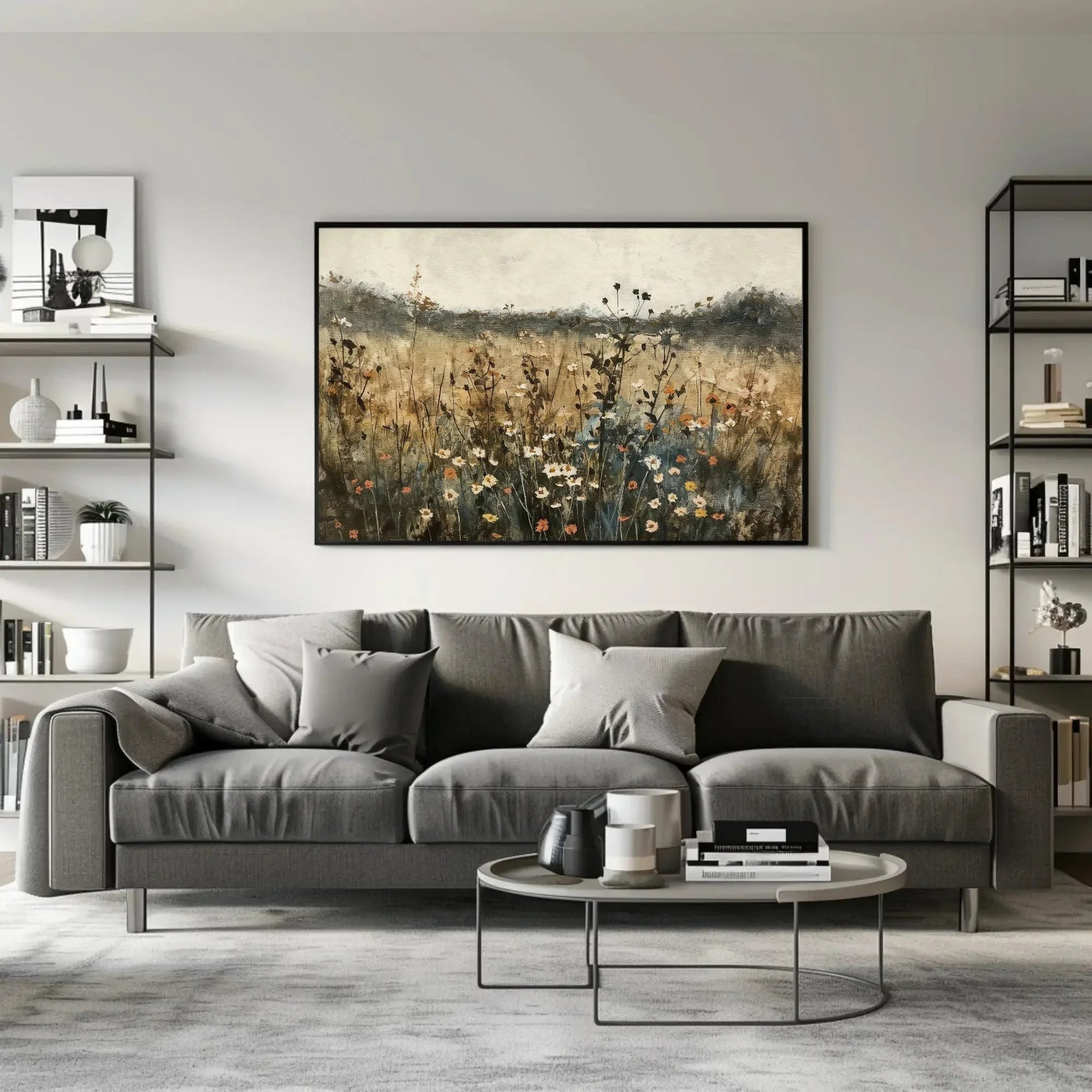 Wildflower Field Painting | Rustic Landscape Canvas Art | Neutral Farmhouse Wall Decor | Moody Botanical Print for Living Room Wall Art – Canvas Print
