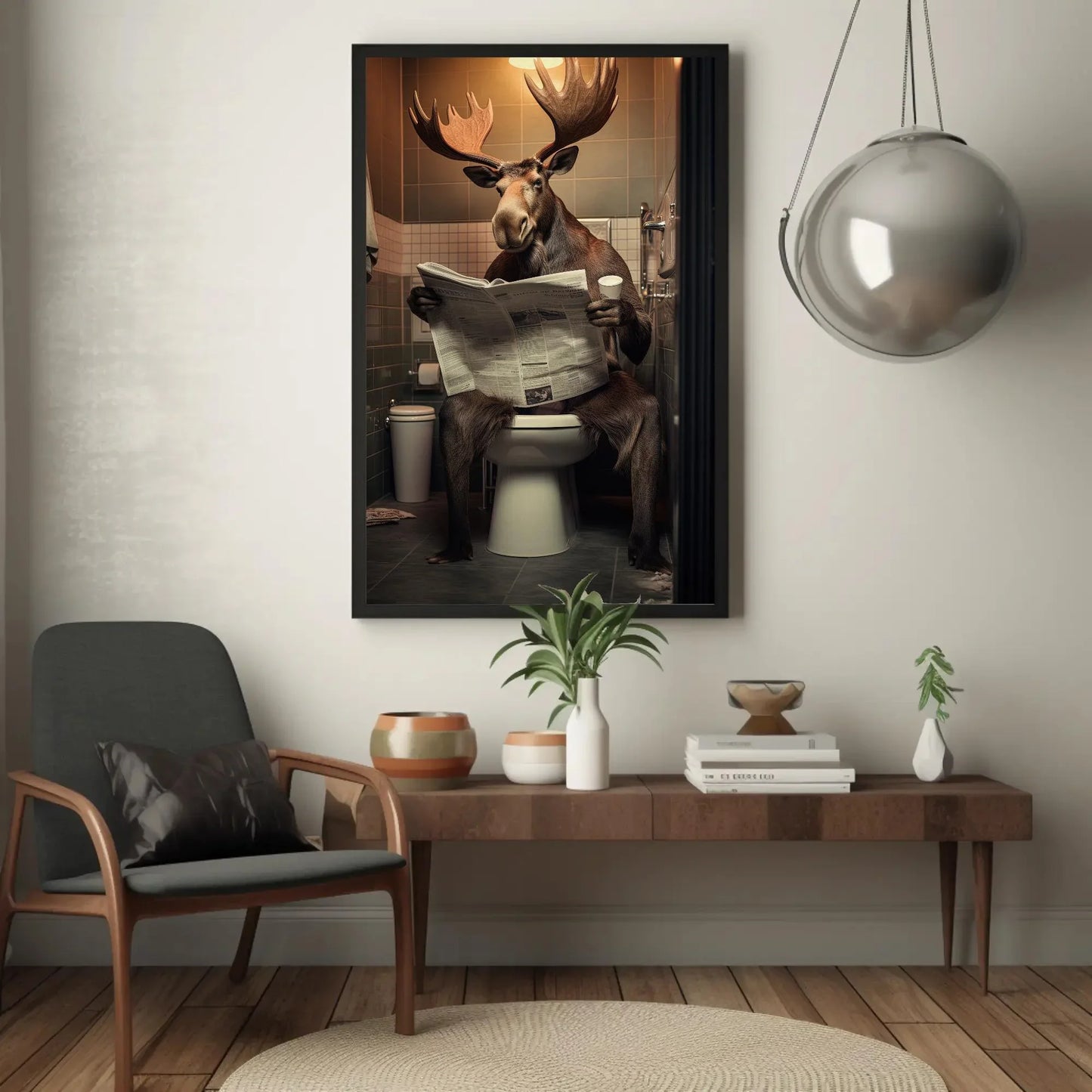Wild Moose Reading Newspaper On The Toilet Funny Bathroom Art Animal Lovers Gift Canvas Painting Framed Print Toilet Humor Art Wall Art – Canvas Print