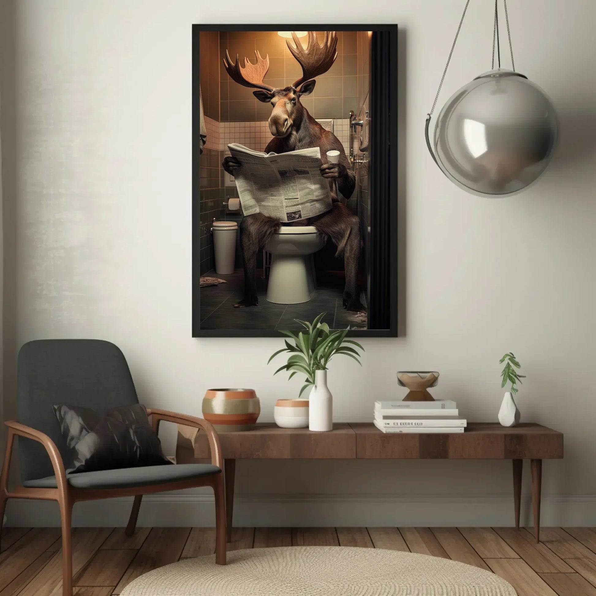 Wild Moose Reading Newspaper On The Toilet Funny Bathroom Art Animal Lovers Gift Canvas Painting Framed Print Toilet Humor Art Wall Art – Canvas Print