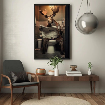 Wild Moose Reading Newspaper On The Toilet Funny Bathroom Art Animal Lovers Gift Canvas Painting Framed Print Toilet Humor Art Wall Art – Canvas Print