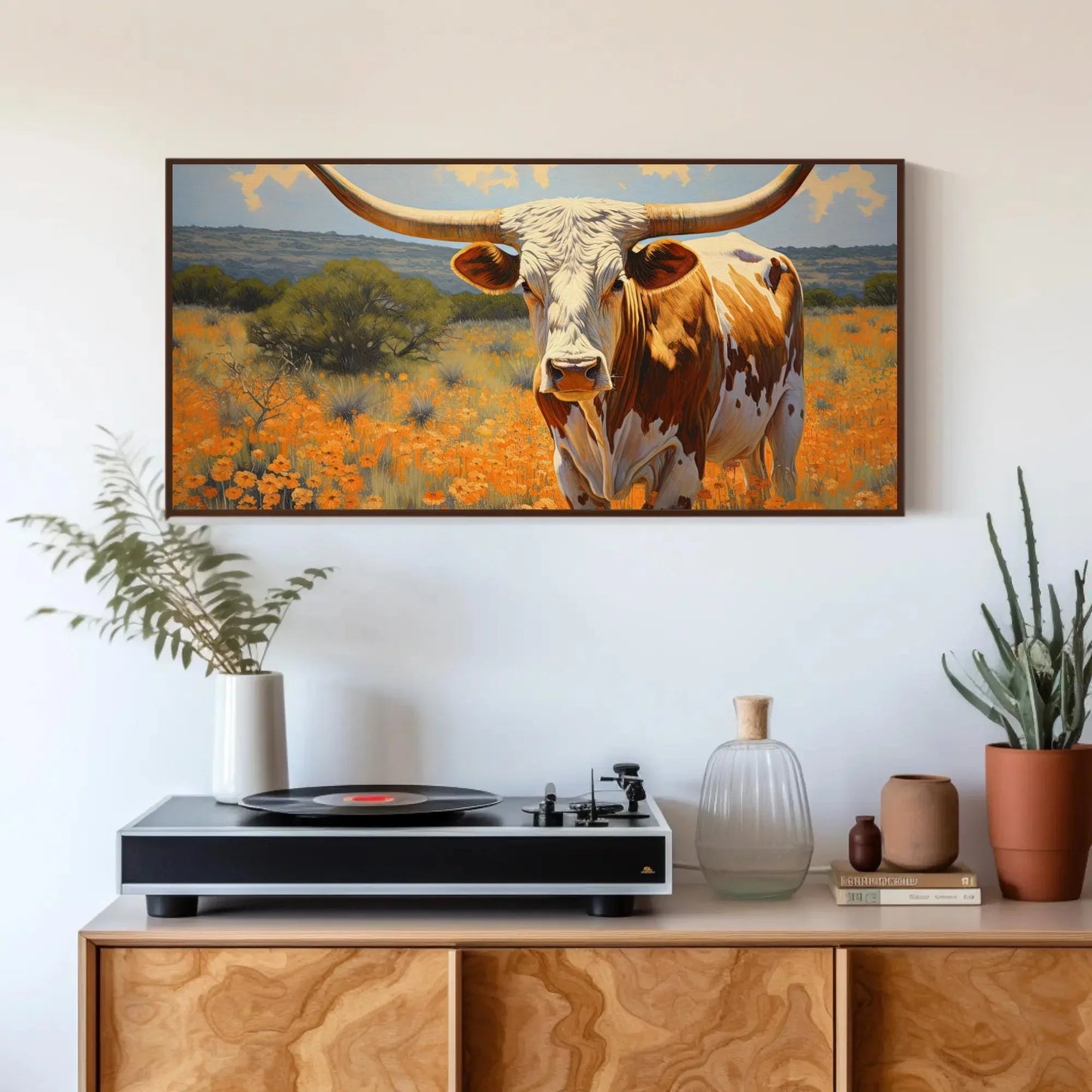 Large Texas Longhorn Painting - Farmhouse Living Room Decor - Extra Large Wall Art - Longhorn cow in a flower open field art Wall Art – Canvas Print