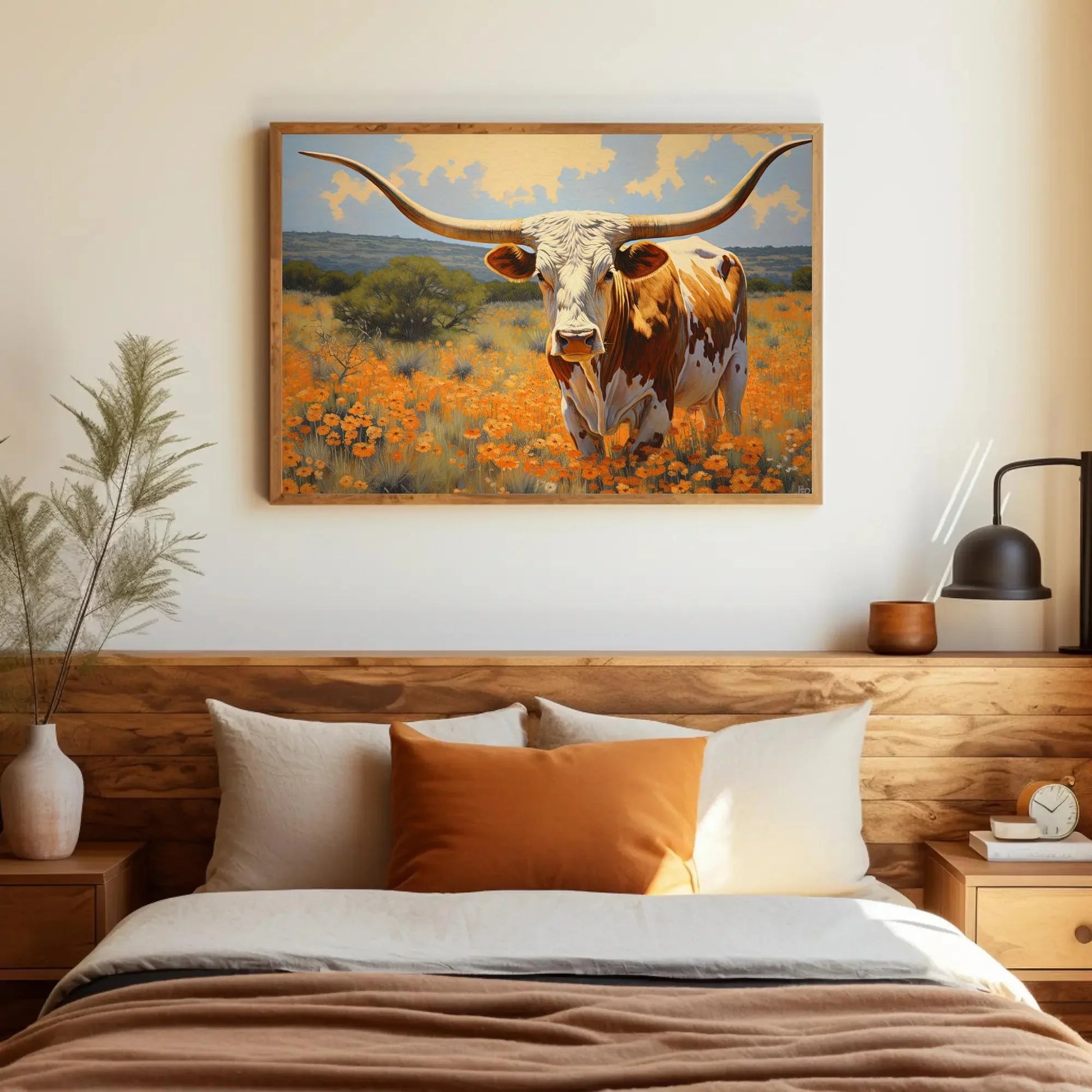 Large Texas Longhorn Painting - Farmhouse Living Room Decor - Extra Large Wall Art - Longhorn cow in a flower open field art Wall Art – Canvas Print