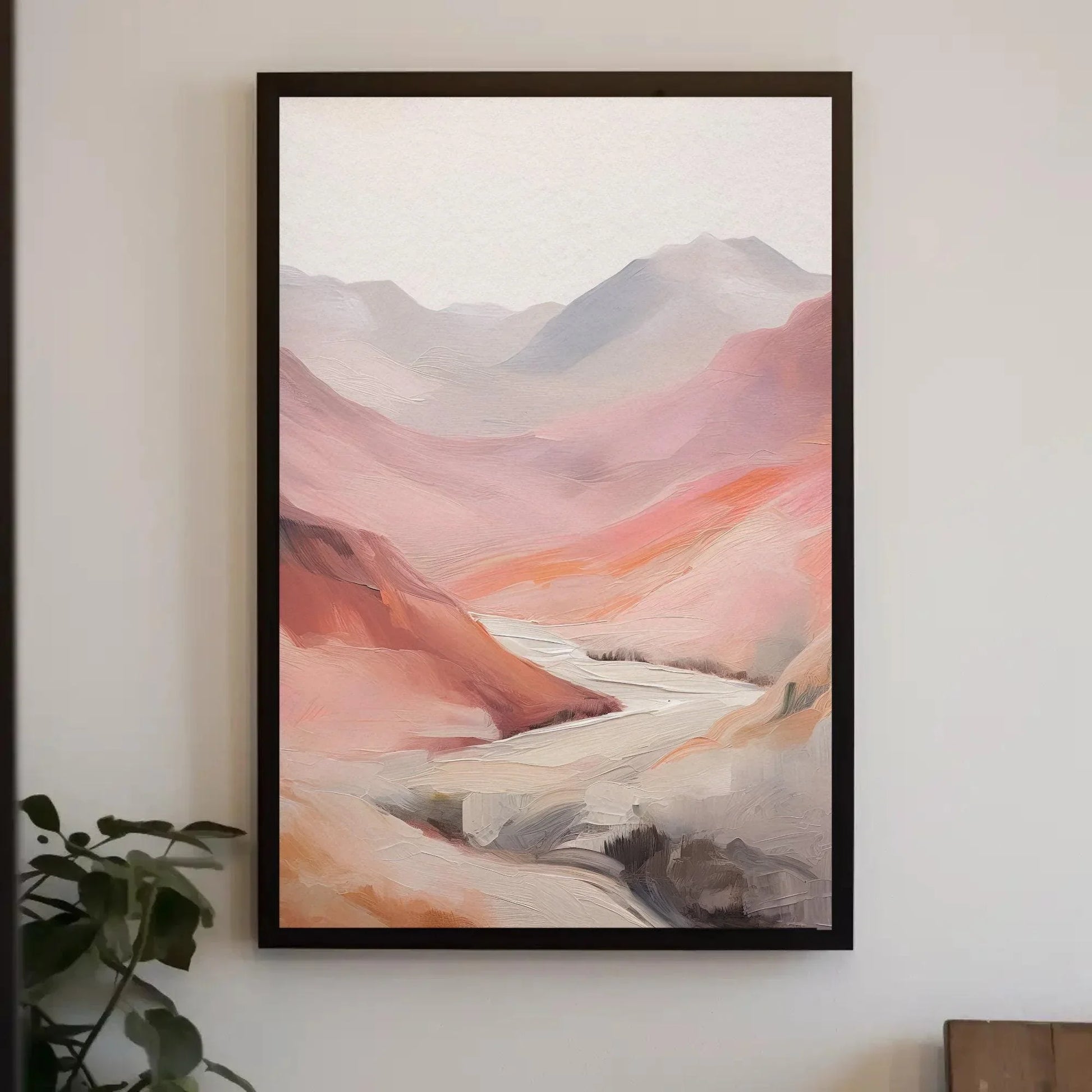 Abstract Pink Mountain Valley Oil Painting Canvas Print - Minimalist Earthy Tones - Ready to Hang for Living Room or Bedroom Decor Wall Art – Canvas Print