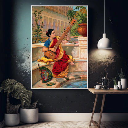 Indian Woman Playing Sitar (1800s) singed by Raja Ravi Varma Print | Vintage Indian Art | Indian Painting | Indian Wall Art | Print Wall Art – Canvas Print