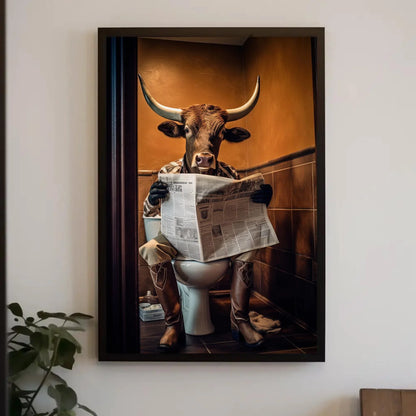 Texas Longhorn Cow Reading Newspaper On The Toilet Animal Lovers Gift Canvas Painting Funny Bathroom Art Framed Print Farmhouse Decor Wall Art – Canvas Print