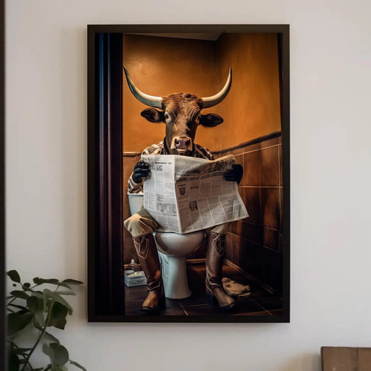 Texas Longhorn Cow Reading Newspaper On The Toilet Animal Lovers Gift Canvas Painting Funny Bathroom Art Framed Print Farmhouse Decor Wall Art – Canvas Print