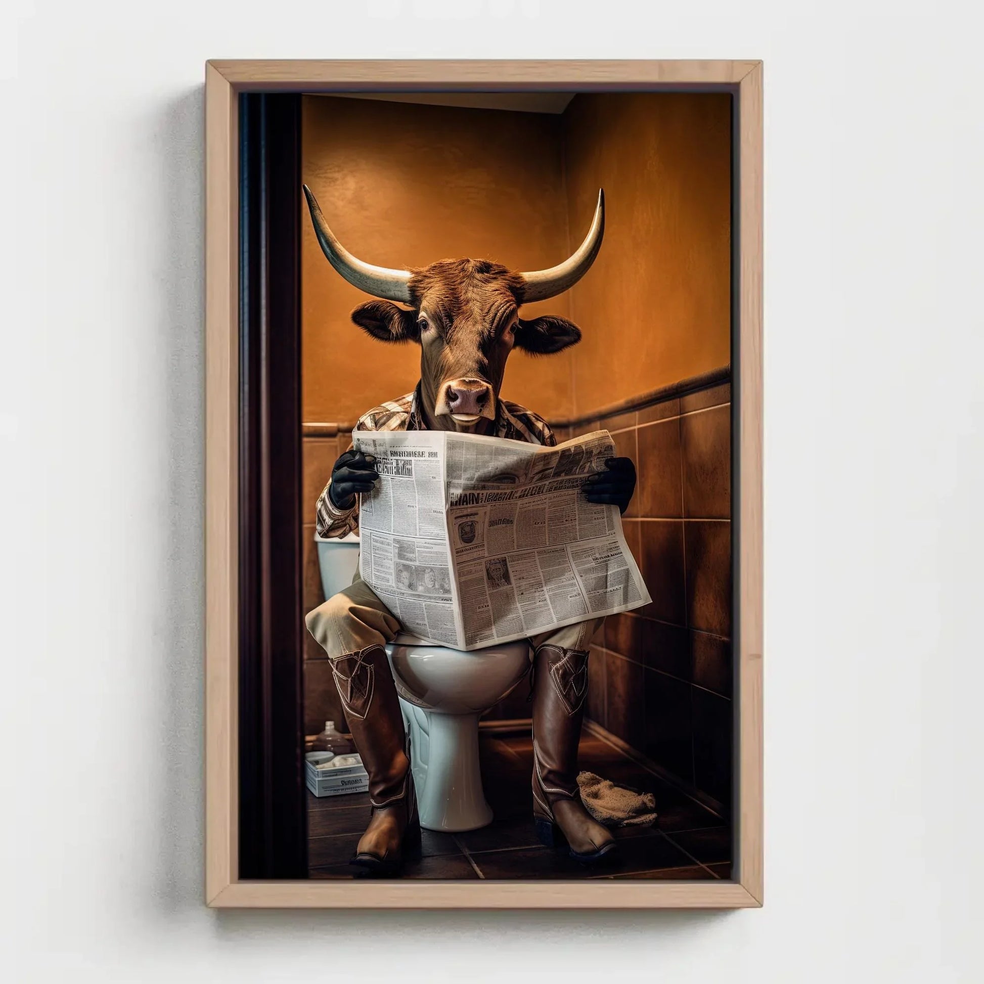 Texas Longhorn Cow Reading Newspaper On The Toilet Animal Lovers Gift Canvas Painting Funny Bathroom Art Framed Print Farmhouse Decor Wall Art – Canvas Print