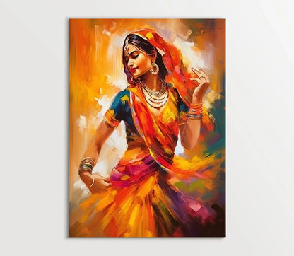 Indian Woman Colorful Folk Dance Home Decor, Indian wall art, beautiful Indian woman folk dance painting Wall Art – Canvas Print