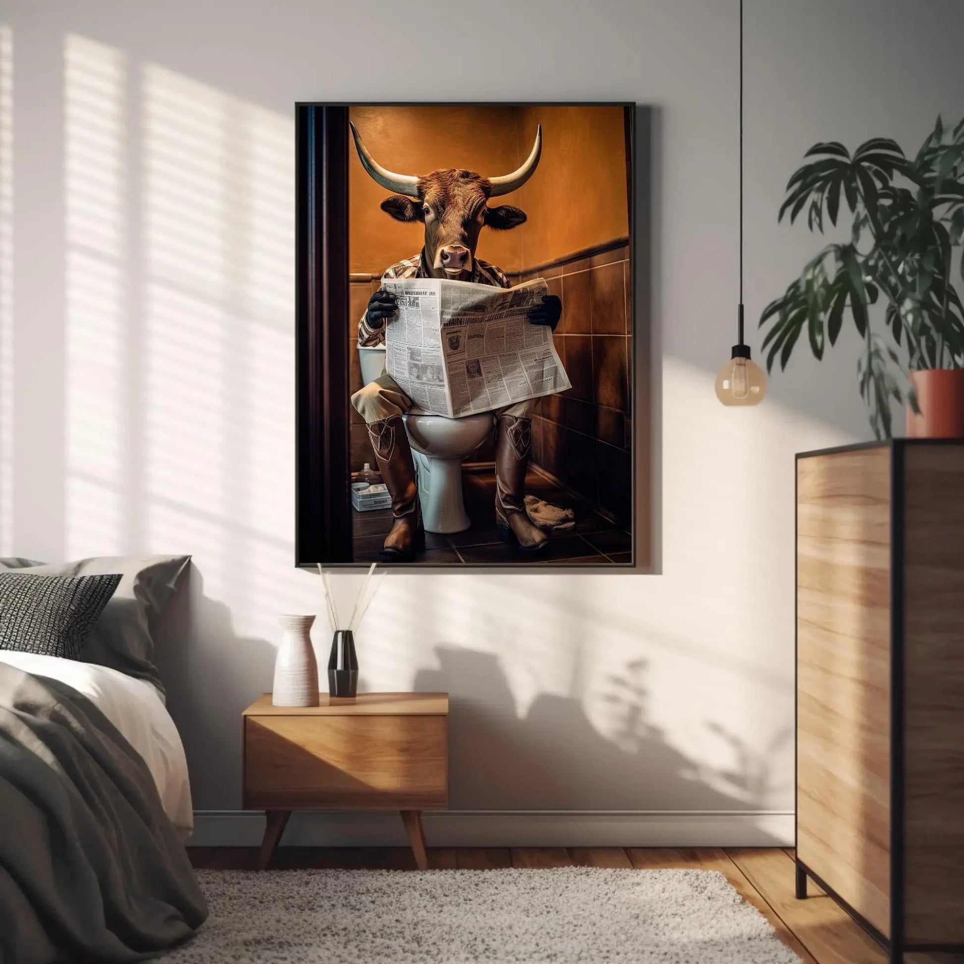 Texas Longhorn Cow Reading Newspaper On The Toilet Animal Lovers Gift Canvas Painting Funny Bathroom Art Framed Print Farmhouse Decor Wall Art – Canvas Print