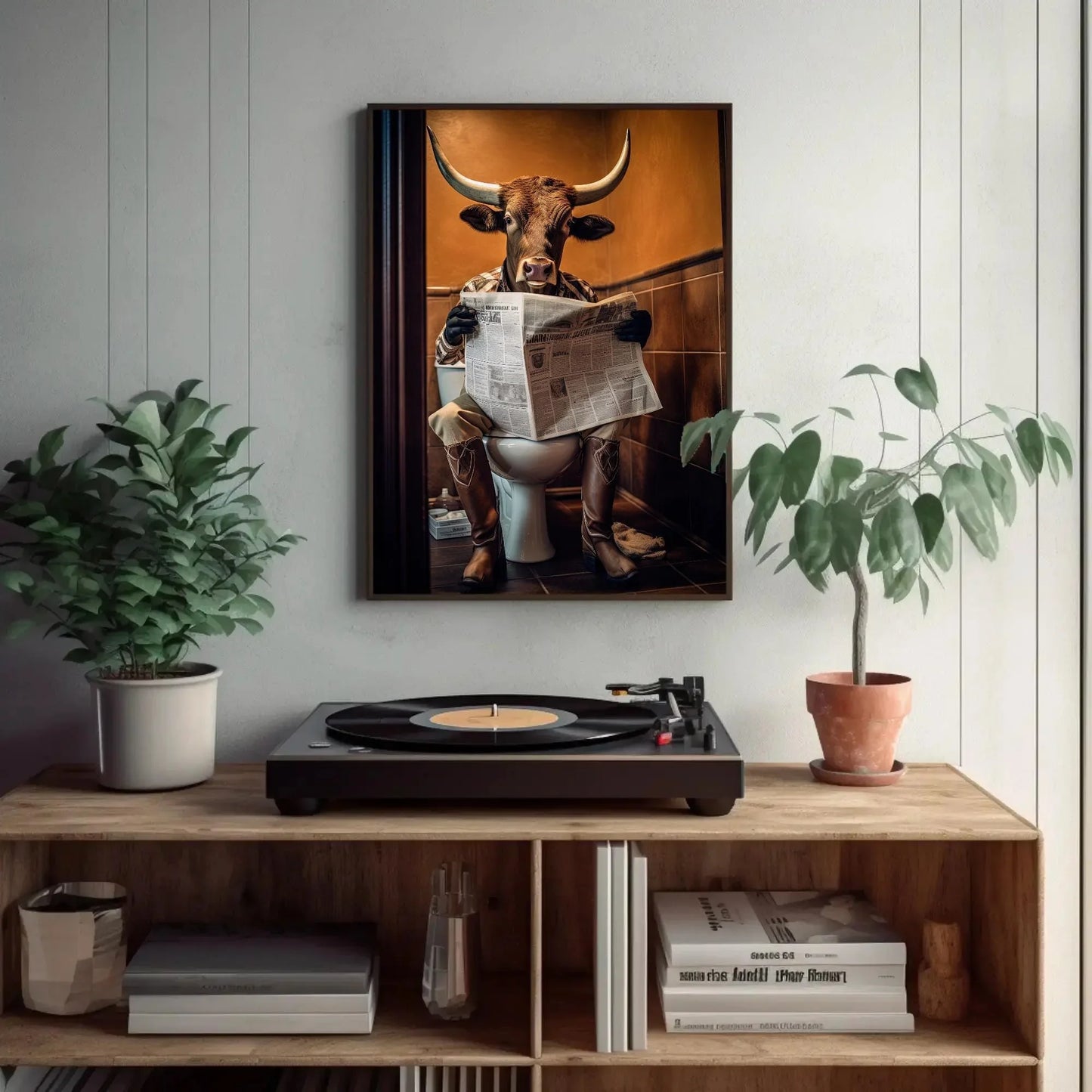 Texas Longhorn Cow Reading Newspaper On The Toilet Animal Lovers Gift Canvas Painting Funny Bathroom Art Framed Print Farmhouse Decor Wall Art – Canvas Print