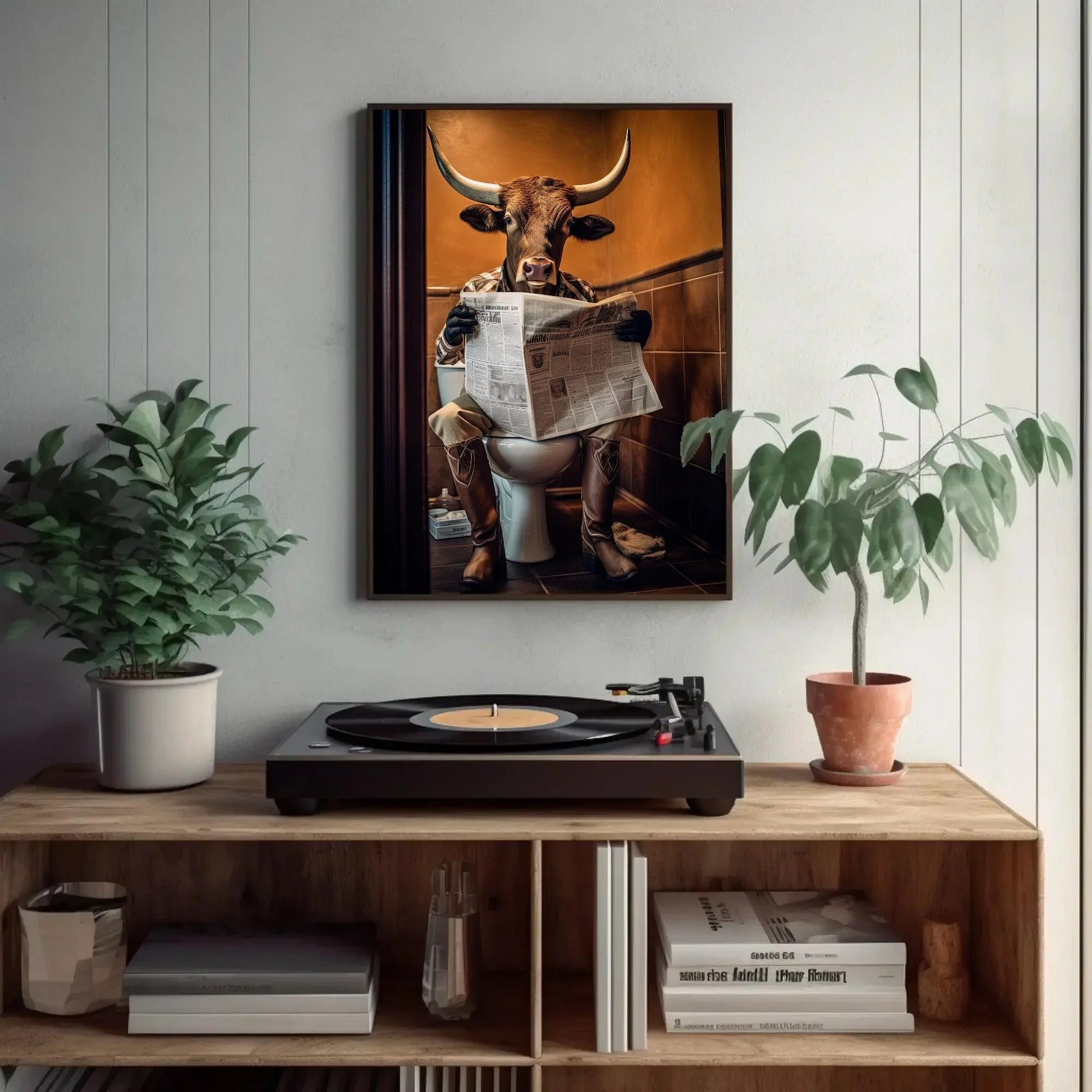 Texas Longhorn Cow Reading Newspaper On The Toilet Animal Lovers Gift Canvas Painting Funny Bathroom Art Framed Print Farmhouse Decor Wall Art – Canvas Print
