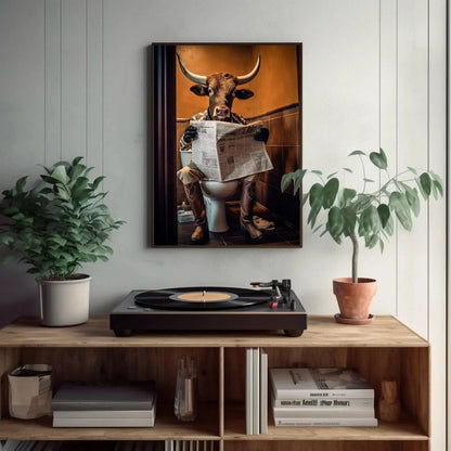 Texas Longhorn Cow Reading Newspaper On The Toilet Animal Lovers Gift Canvas Painting Funny Bathroom Art Framed Print Farmhouse Decor Wall Art – Canvas Print