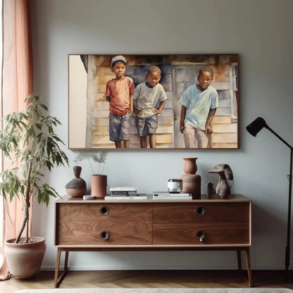 African Watercolour Painting, Curious African Kids on the Roof, African American Art, Canvas Print, Framed Poster, Ready To Hang Wall Art – Canvas Print