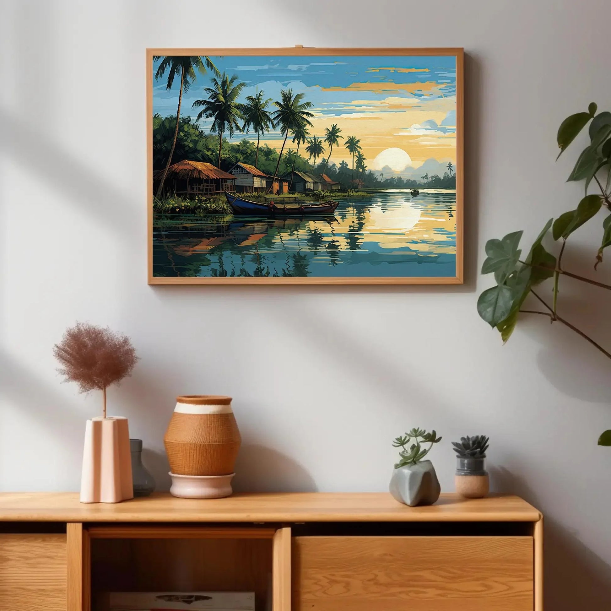 Kerala Landscape Modern Style Painting, Kerala Painting, South Indian Painting, India Artwork, Desi Decor Wall Art – Canvas Print