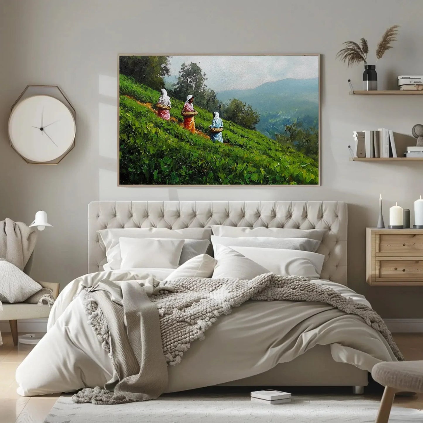 Kerala Tea Plantation Painting Canvas Print | Women Working in Tea Fields | South Indian Landscape Wall Art | Indian Cultural Decor Wall Art – Canvas Print