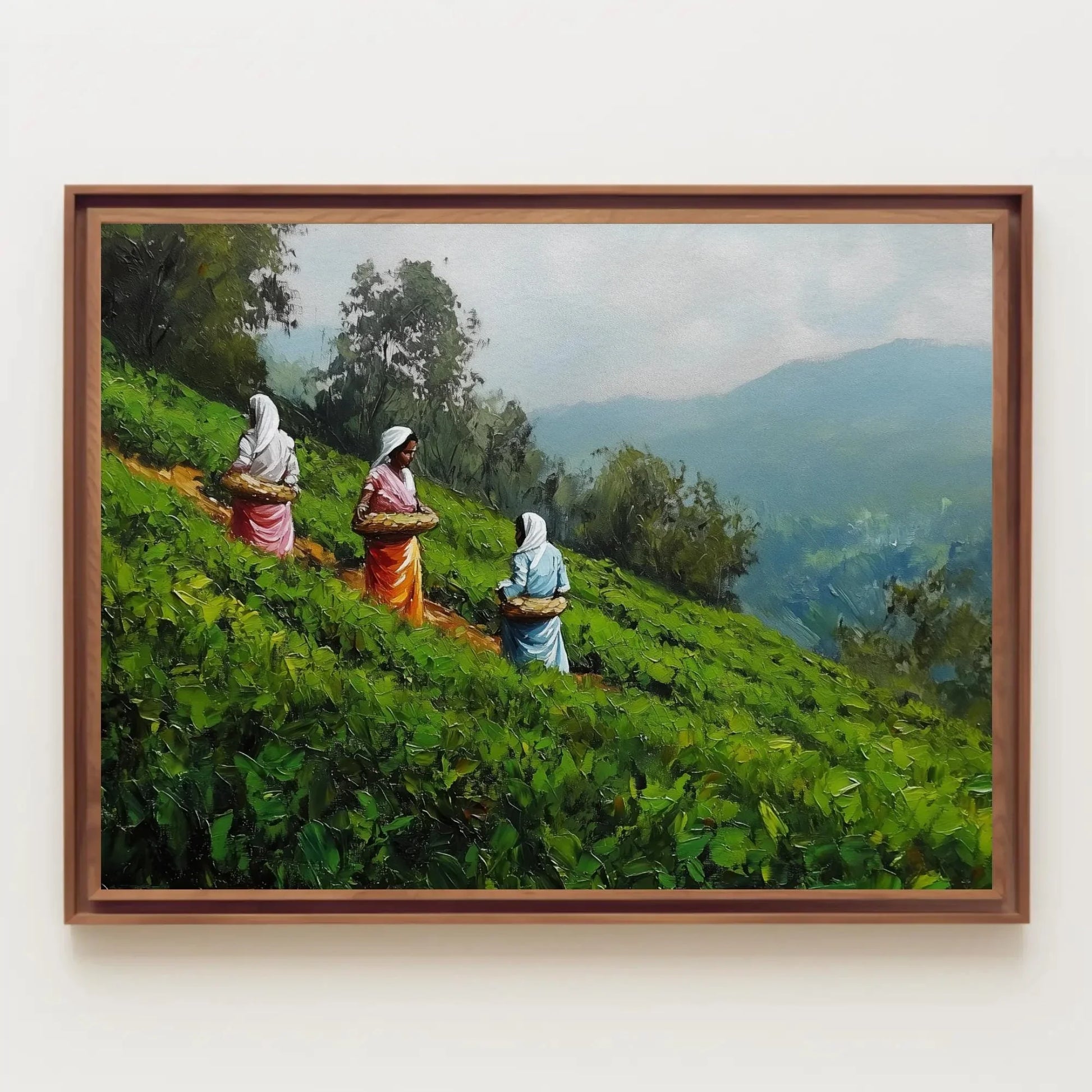 Kerala Tea Plantation Painting Canvas Print | Women Working in Tea Fields | South Indian Landscape Wall Art | Indian Cultural Decor Wall Art – Canvas Print