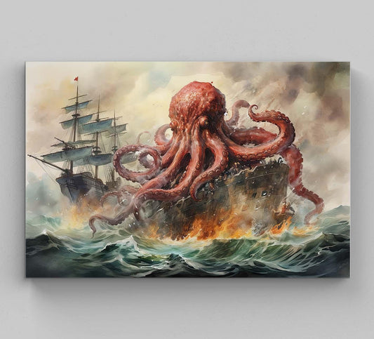 Kraken Destroying a Ship Watercolor Art - Kraken Framed Poster - Kraken Canvas Wall Art - Kraken Print - Ready to Hang Decor Wall Art – Canvas Print