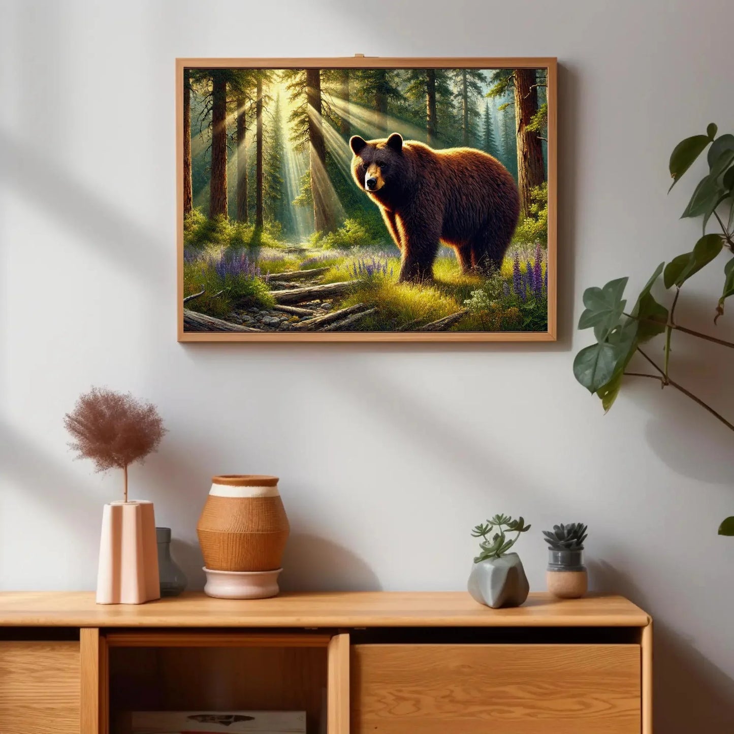 American Black Bear in Forest Rays and Meadow Wildflowers | Bear Wall Art Canvas Print | Framed Rustic Decor for Cabin Living Room Wall Art – Canvas Print
