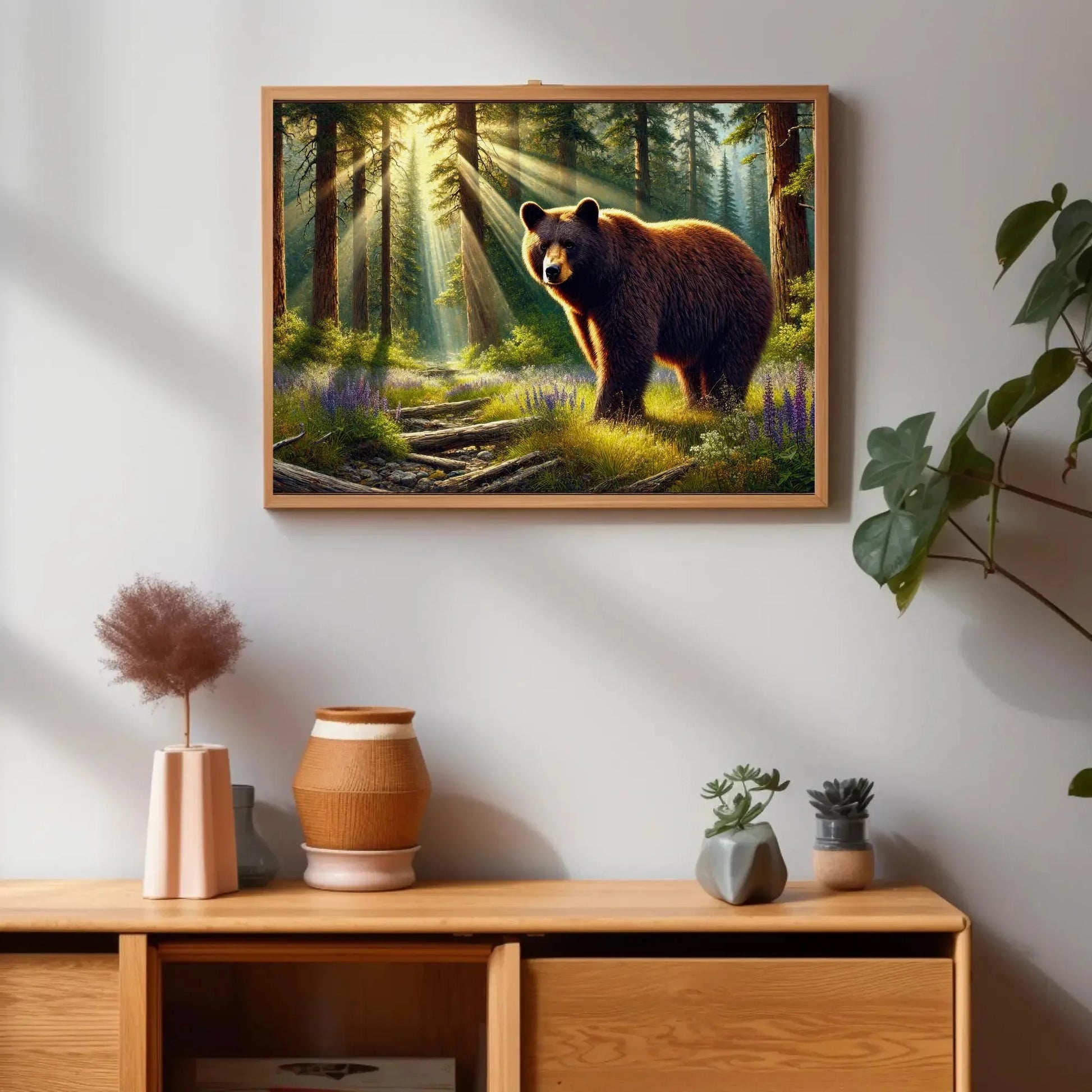 American Black Bear in Forest Rays and Meadow Wildflowers | Bear Wall Art Canvas Print | Framed Rustic Decor for Cabin Living Room Wall Art – Canvas Print