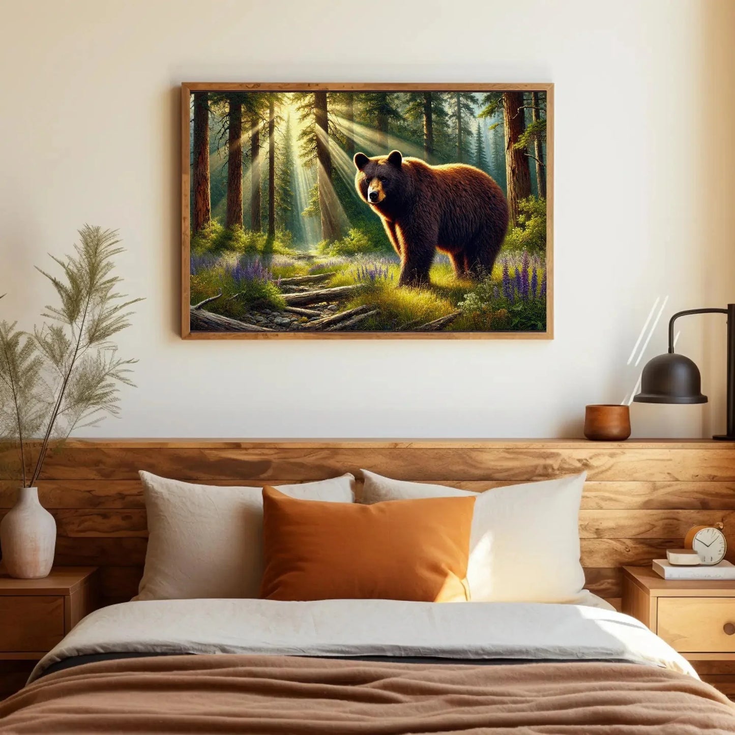 American Black Bear in Forest Rays and Meadow Wildflowers | Bear Wall Art Canvas Print | Framed Rustic Decor for Cabin Living Room Wall Art – Canvas Print