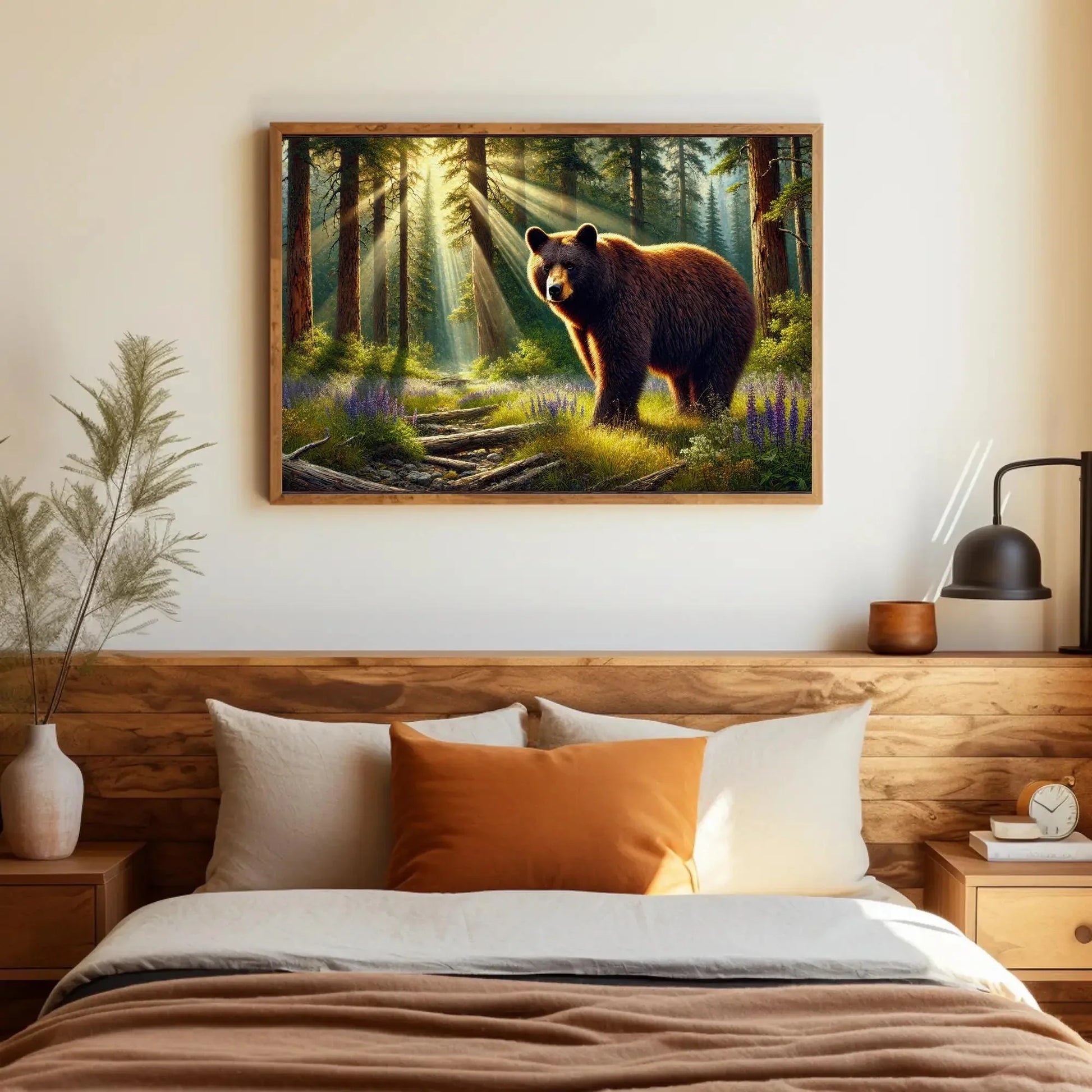 American Black Bear in Forest Rays and Meadow Wildflowers | Bear Wall Art Canvas Print | Framed Rustic Decor for Cabin Living Room Wall Art – Canvas Print