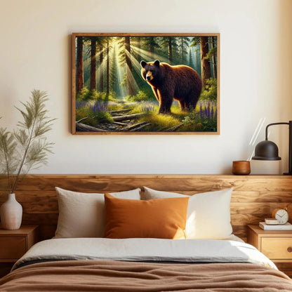 American Black Bear in Forest Rays and Meadow Wildflowers | Bear Wall Art Canvas Print | Framed Rustic Decor for Cabin Living Room Wall Art – Canvas Print