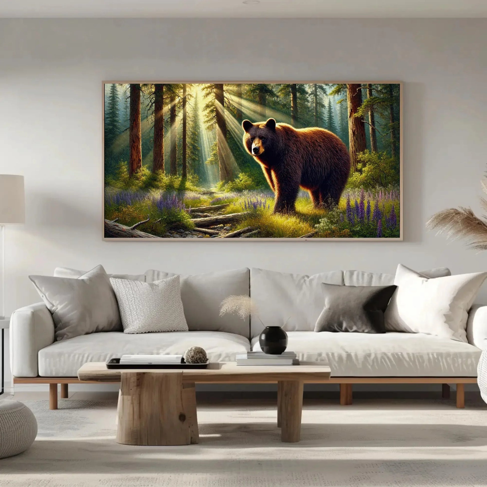 American Black Bear in Forest Rays and Meadow Wildflowers | Bear Wall Art Canvas Print | Framed Rustic Decor for Cabin Living Room Wall Art – Canvas Print