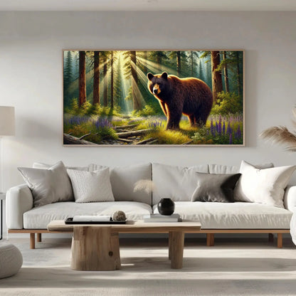 American Black Bear in Forest Rays and Meadow Wildflowers | Bear Wall Art Canvas Print | Framed Rustic Decor for Cabin Living Room Wall Art – Canvas Print
