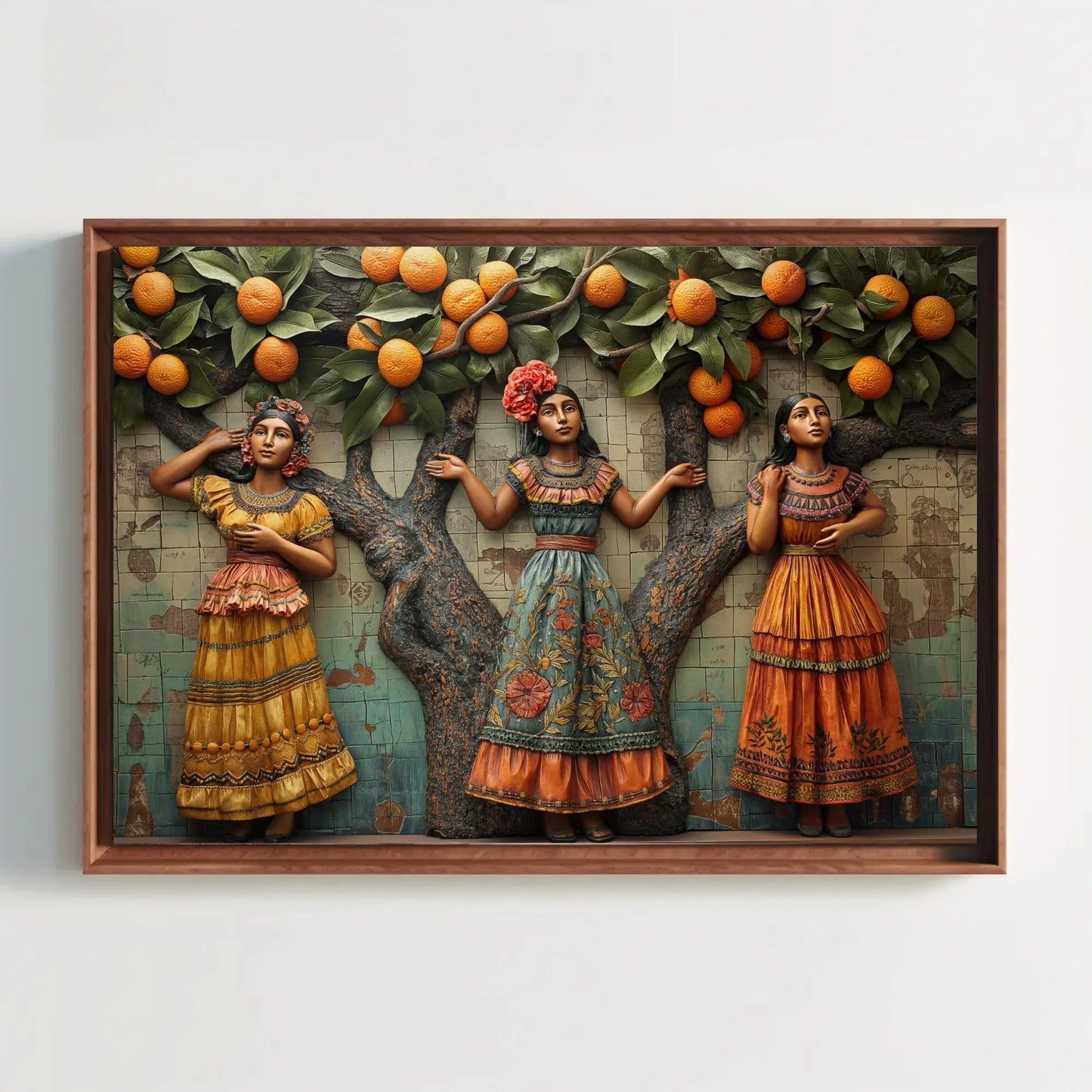 Three Mexican Woman under orange tree 3D illusion wall Decor Mexican Culture Art Modern Mexican Wall Decor large Canvas Print Ready to Hang Wall Art – Canvas Print