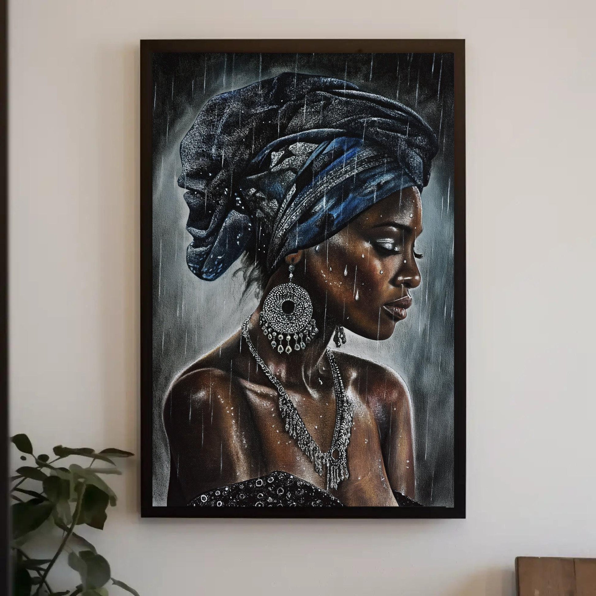 Exotic African Beauty in Rain Canvas Painting, Framed Print, Bohemian and African Decor, Ready to Hang, Living Room or Bedroom Decor Wall Art – Canvas Print