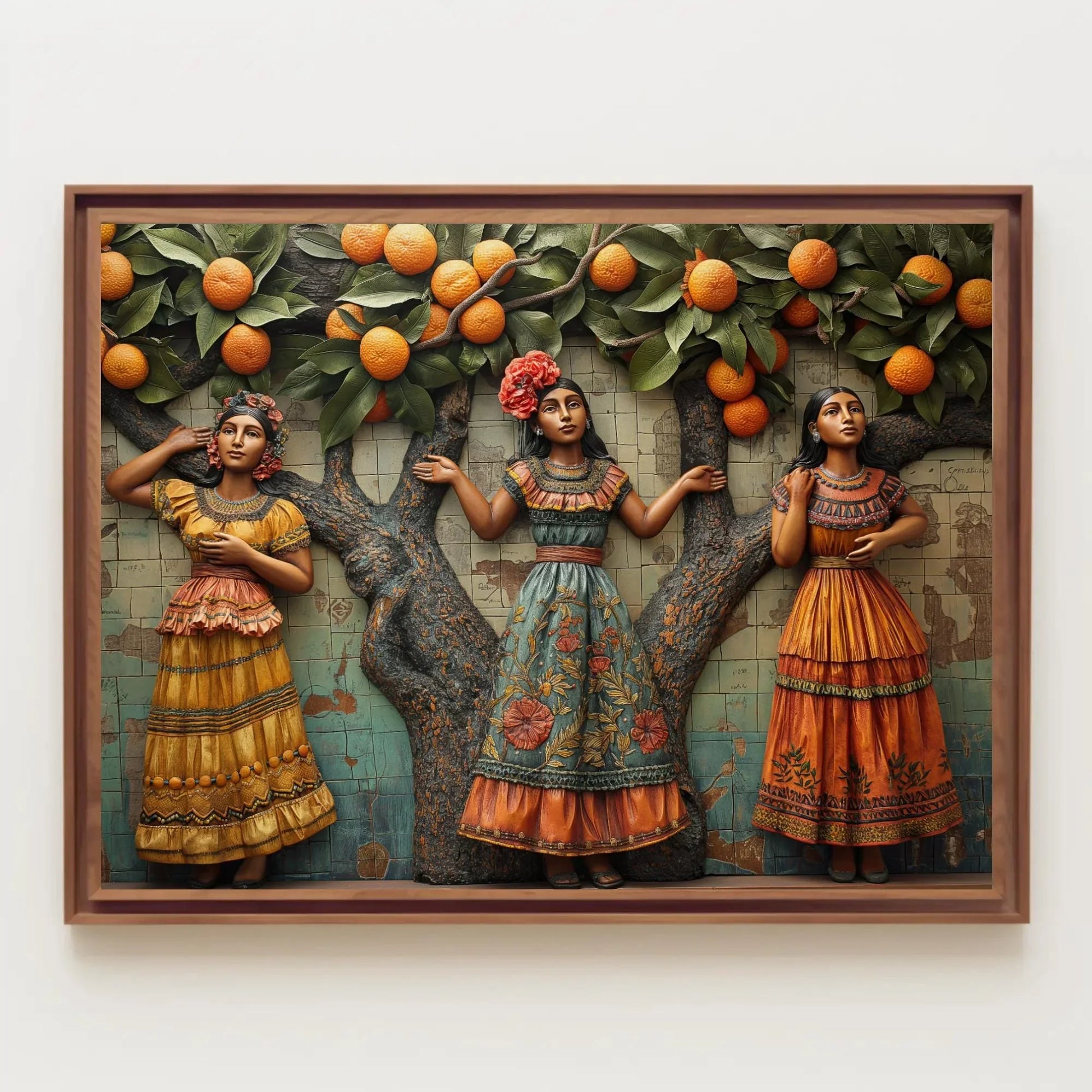 Three Mexican Woman under orange tree 3D illusion wall Decor Mexican Culture Art Modern Mexican Wall Decor large Canvas Print Ready to Hang Wall Art – Canvas Print