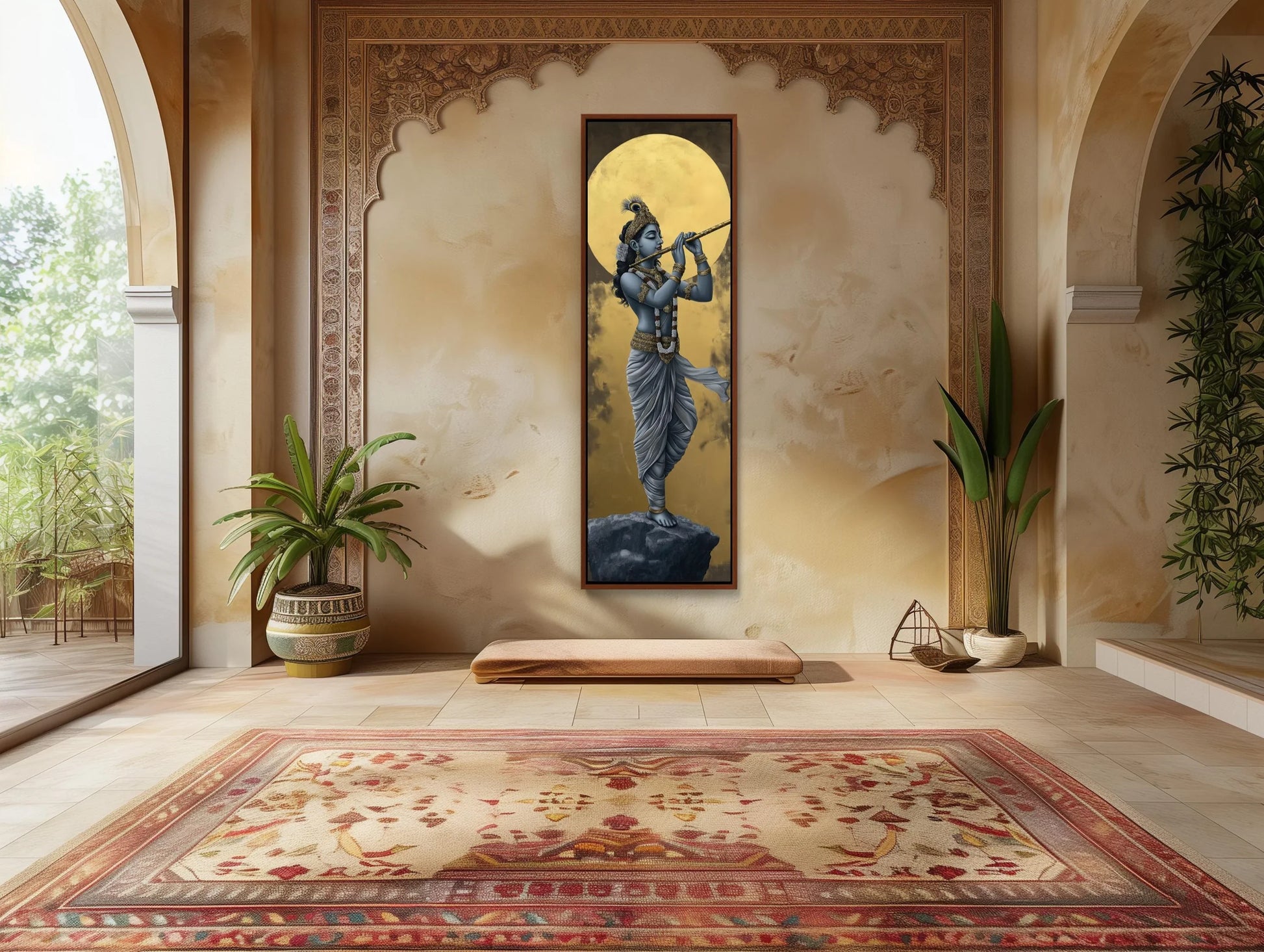Lord Krishna Tall Canvas Painting, Hindu Spiritual Wall Decor, Krishna Playing Flute Under Golden Moon, Indian Art for Home, Ready to Hang Wall Art – Canvas Print