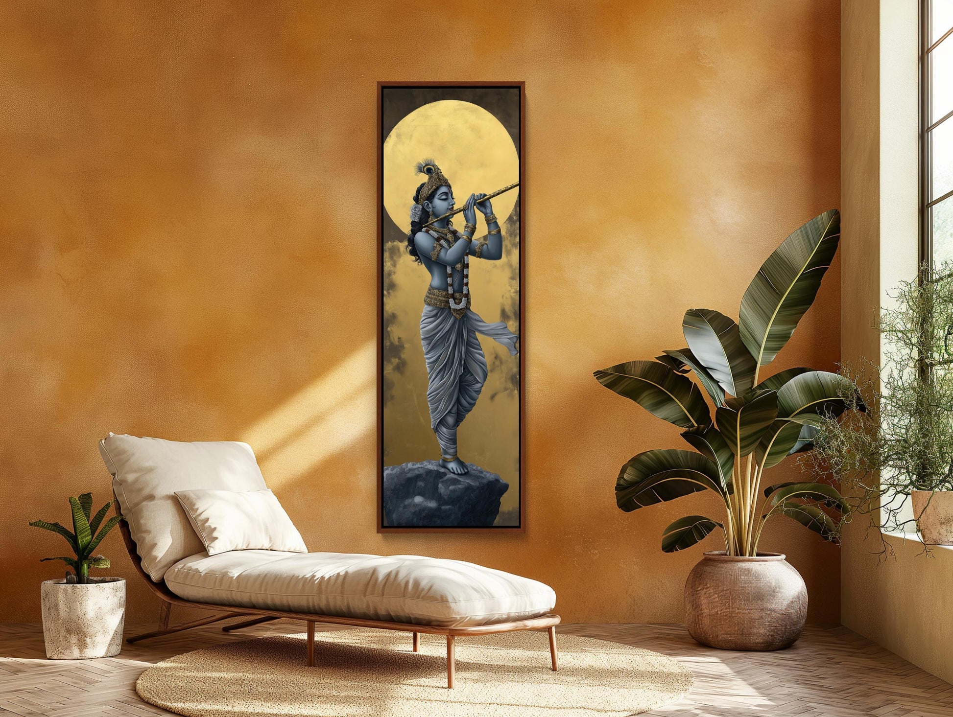 Lord Krishna Tall Canvas Painting, Hindu Spiritual Wall Decor, Krishna Playing Flute Under Golden Moon, Indian Art for Home, Ready to Hang Wall Art – Canvas Print