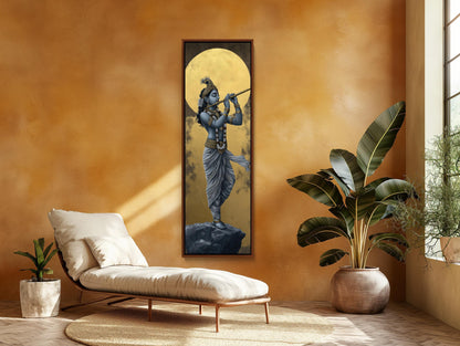 Lord Krishna Tall Canvas Painting, Hindu Spiritual Wall Decor, Krishna Playing Flute Under Golden Moon, Indian Art for Home, Ready to Hang Wall Art – Canvas Print