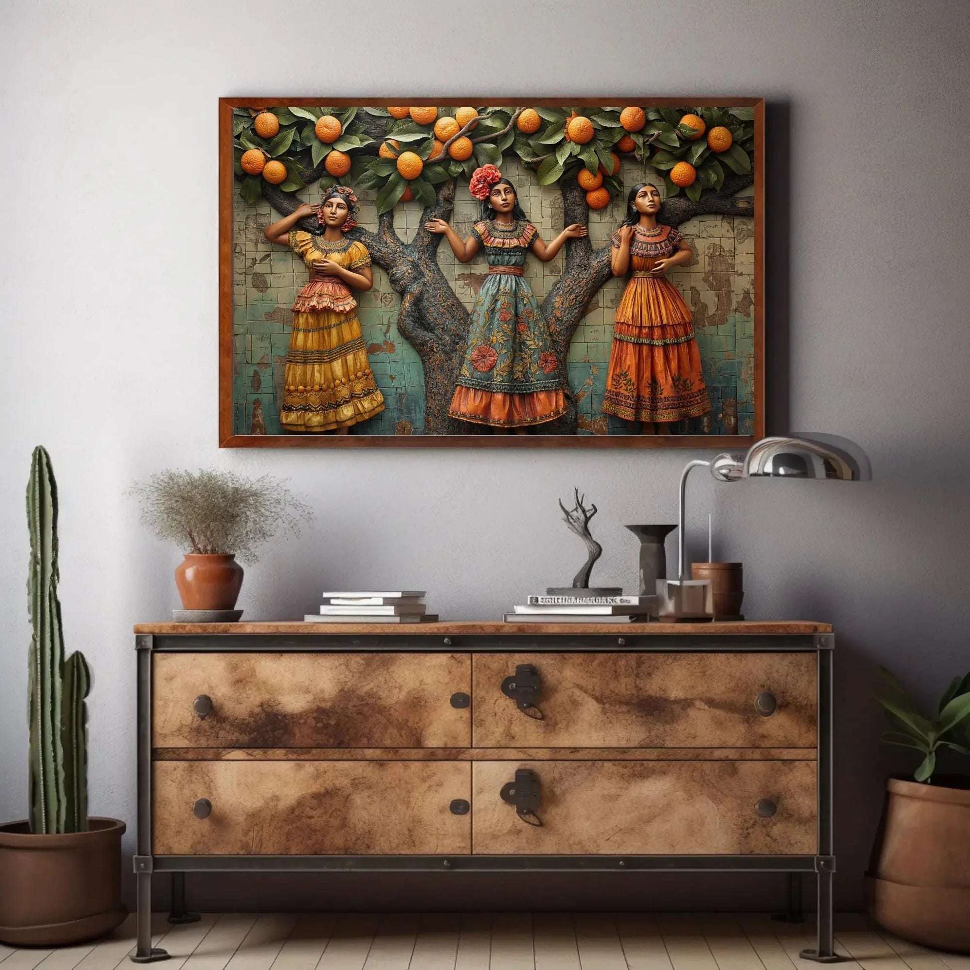 Three Mexican Woman under orange tree 3D illusion wall Decor Mexican Culture Art Modern Mexican Wall Decor large Canvas Print Ready to Hang Wall Art – Canvas Print