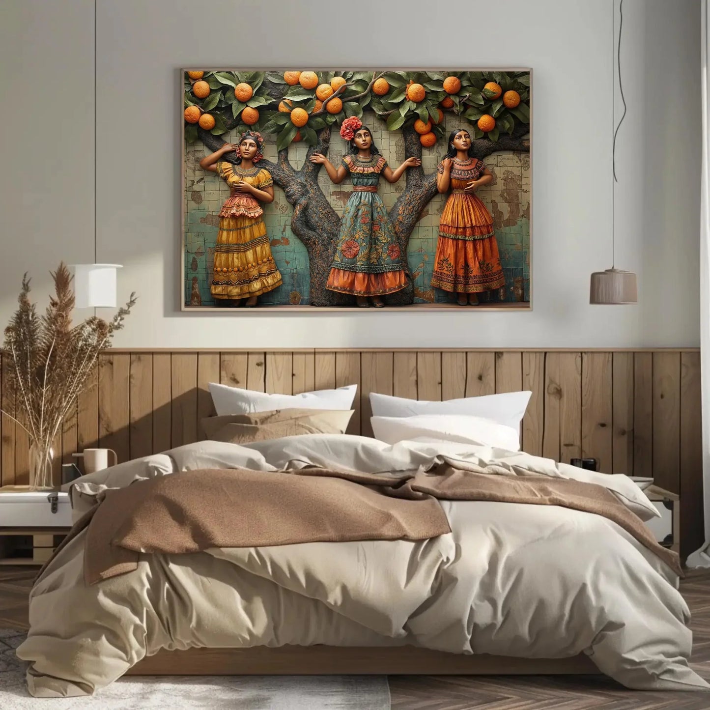 Three Mexican Woman under orange tree 3D illusion wall Decor Mexican Culture Art Modern Mexican Wall Decor large Canvas Print Ready to Hang Wall Art – Canvas Print