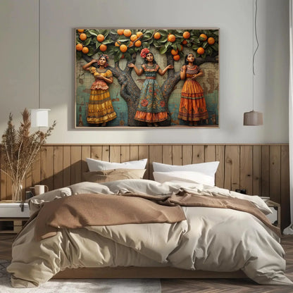 Three Mexican Woman under orange tree 3D illusion wall Decor Mexican Culture Art Modern Mexican Wall Decor large Canvas Print Ready to Hang Wall Art – Canvas Print